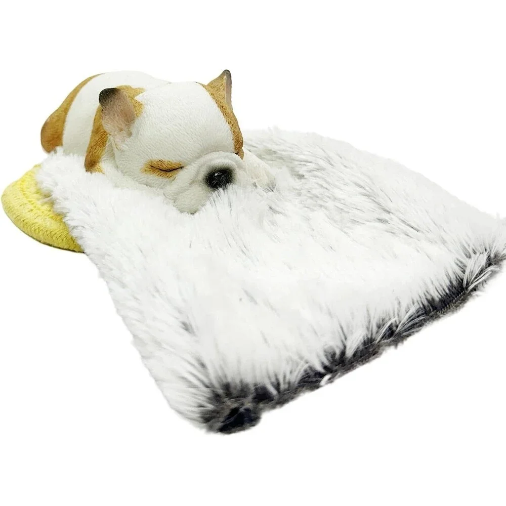 Sleeping French Bulldog Figurine Faux Fur Bed Realistic Puppy Statue Decor New